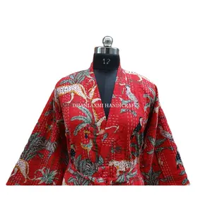 Red Jungle Screen Print Sleepwear Wholesale 100% Cotton Maxi Gown Dress Handmade Quilted Kimono Style Kantha Bathrobe