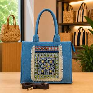 Sac fourre-tout en toile bleue, style bohème, brodé, sac à bandoulière, fermeture éclair, poche à franges, pour la plage, le shopping, les voyages - Product Image 2