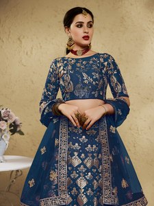 Royal Blue Embroidered Lehenga Choli Set with <b>Net</b> <b>Dupatta</b> - Indian Bridal & Wedding Party Wear Sequin Zari Work Lehenga for Wome - Product Image 1