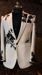 <b>Men</b>’s Ivory <b>White</b> Embroidered Blazer with Black Floral Design Wedding Party Tuxedo <b>Jacket</b> with Bow Tie - Product Image 2