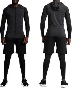 Ensemble de vêtements de sport pour homme, veste à capuche compressive, t-shirt à manches longues, short, pantalon, séchage rapide, coupe ajustée, noir - Product Image 2