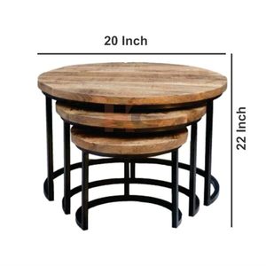 Ensemble de tables basses gigognes rondes avec dessus en bois massif et structure en métal noir |   Ensemble de 3 tables d'appoint - Product Image 3