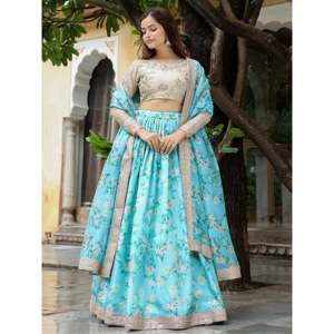 Belle organza Lehenga Choli à imprimé floral bleu ciel avec Dupatta pour vêtements de mariage - Product Image 6