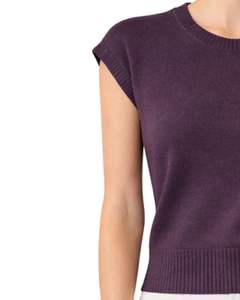 Pull sans manches en tricot violet pour femme, col rond, léger, décontracté, gilet d'été, broderie florale, haut élégant et tendance - Product Image 5