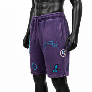 Shorts homme en molleton de coton premium 340 GSM, délavé à l'acide, violet, avec broderie multi-patch et logo. - Product Image 3