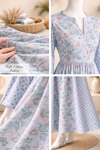 ชุดเดรสยาวพิมพ์ลายดอกไม้สีน้ำเงินแบบแฮนด์บล็อกพิมพ์ แขนยาว มีกระเป๋าข้าง ติดกระดุมที่คอ สไตล์โชลี ผ้าฝ้าย สำหรับผู้หญิง ชุดลำลองสุดหรู - Product Image 3