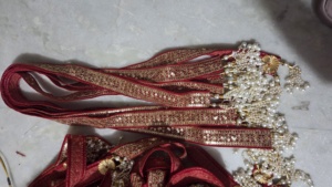 Vibrant Crimson <b>Red</b> Velvet Base Intricate Gold-Toned <b>Sequin</b> Embroidery And Traditional Zari Work Faux Pearl Tassels - Product Image 2