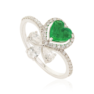Designer Stylish Real K18 White Gold Heart Shape Zambian Emerald & Diamond Unique <b>Statement</b> <b>Ring</b> Precious Gemstone Jewelry - Product Image 3
