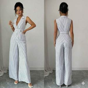 Combinaison à rayures sans manches pour femmes, à jambes larges, avec col à revers - Product Image 2