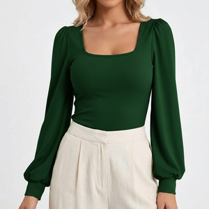 Haut côtelé à col carré et manches longues pour femme, coupe ajustée, personnalisable avec logo et couleur, vente en gros, commande en vrac, marque privée - Product Image 1