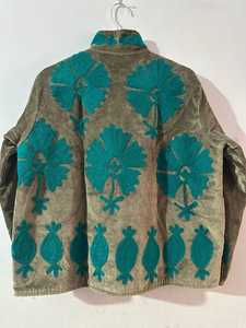 Hand Embroidered <b>Velvet</b> Suzani <b>Jacket</b> with Teal Floral Pattern Crew Neck Pullover Closure Boho Style Autumn Outerwear - Product Image 4