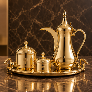 Ensemble théière et plateau de service en métal doré avec motif palmier, style moyen-oriental, résistant à la chaleur - Product Image 1