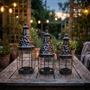 Juego de Faroles Metálicos con Jaula de Vidrio Cilíndrica, Decoración para Exteriores y Hogar, Portavelas Vacíos - Product Image 4