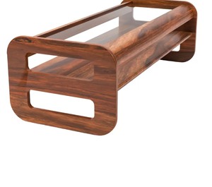 Mid-Century Modern Curved Wooden Living Room <b>Table</b> | 2-Tier Wood Glass Insert Center <b>Table</b> | Retro Long Glass Top Coffee <b>Table</b> - Product Image 2
