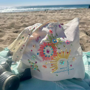 Bolso de mano de lona de algodón con patrón de sol y lentejuelas, bordado de flores con cuentas, reutilizable, para playa, hombro, viajes, vacaciones, compras - Product Image 1