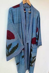 Robe kimono bohème florale en coton à col en V et manches longues, légère et à séchage rapide, pour l'été et le printemps, tenue de détente pleine longueur - Product Image 5