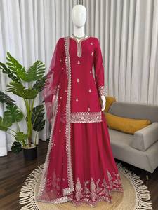 Pure Chinon silk Fabric <b>Top</b>,sharara With Dupatta Set Ready To Wear - Product Image 4