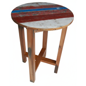 Table ronde en bois de bateau récupéré, couleur naturelle, style rustique, mobilier de pub durable pour bar à domicile, restaurant, café - Product Image 1