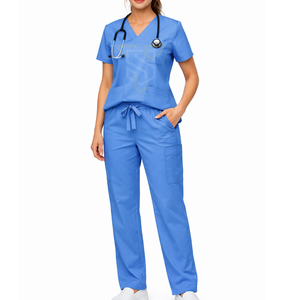Women's Blue <b>Scrub</b> <b>Set</b> With Drawstring Pants Hospital Uniforms Woven Cotton Polyester Material - Product Image 1