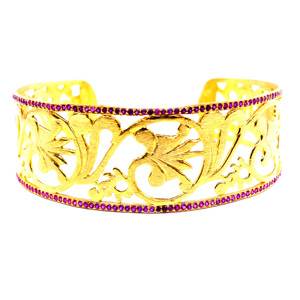 Luxury 24K Solid Gold <b>Cuff</b> <b>Bracelet</b> With Ruby Channel Setting Plant Pattern Women's Party Jewelry - Product Image 5