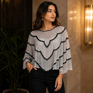 Blusa tipo poncho para mujer, de malla transparente con volantes en capas, negra con bordado en contraste, elegante, de corte holgado, para fiesta y noche, prenda de moda. - Product Image 3