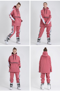 Veste de ski rose à capuche pour femme avec empiècements de manches blancs, fermeture éclair étanche, vêtements de snowboard, taille adulte - Product Image 5