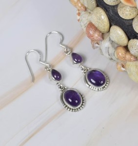 Pendientes Colgantes de Plata de Ley 925 con Doble Amatista Natural, Hechos a Mano, con Forma de Pera, Venta al por Mayor - Product Image 3