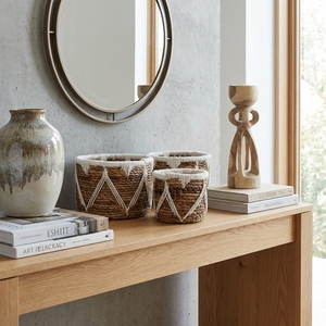 Ensemble de paniers en macramé en écorce de banane naturelle, pot de rangement rond à bordure en treillis triangulaire blanc, décoration pour plantes, design artistique pur - Product Image 5