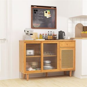 Credenza in Bambù Naturale con Base a 5 Gambe in Legno di Gomma, Anta Scorrevole in Rattan e Cassetto Estraibile - Product Image 2