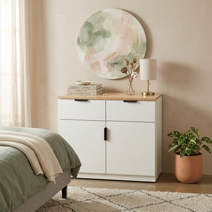 Meuble de rangement moderne bicolore en bois blanc avec dessus en chêne naturel, 2 tiroirs, 2 portes, credenza pour entrée, salon, chambre, buffet - Product Image 4