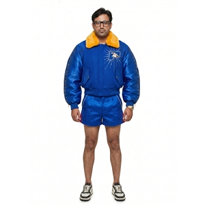 Ensemble de veste bomber courte et short en micro-satin de laine, brodé sur mesure pour homme, style maximaliste, streetwear de luxe - Product Image 1