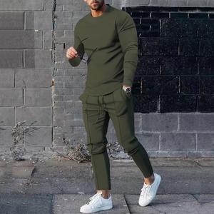 Two Piece Set Casual Round Neck Custom logo solid wear Mens fashion sports tshirt knitted - Product Image 1