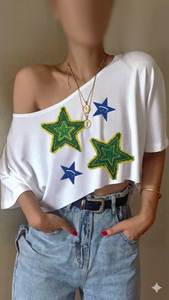 Camiseta de Manga Larga de Algodón Blanco a Bajo Precio para Mujer, Cuello Redondo, Parche de Pez con Cuentas, Bordado Hecho a Mano, Regalo Deportivo de Alta Calidad - Product Image 3