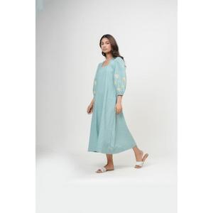 Robe longue trapèze faite main de haute qualité avec col carré, manches lanternes, en lin, couleur unie, respirante, style été pour femme - Product Image 3