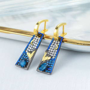 Boucles d'oreilles vintage plaquées or avec saphir bleu et incrustation de diamants pour femmes, bijoux de fête - Product Image 3