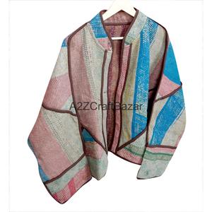 Traditional Eco-Friendly Cotton Kantha <b>Quilted</b> <b>Jacket</b> Color Blocking <b>Pattern</b> Vintage Kaya Woman's Mandarin Collar Autumn Winter - Product Image 2