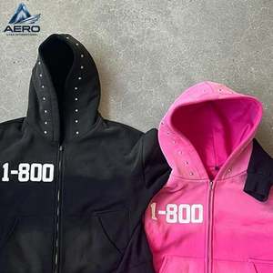 Vente en gros de sweats à capuche zippés pour hommes, avec bordure de capuche cloutée, impression de numéro sur la poitrine, style Y2K, fermeture éclair intégrale, streetwear, veste à capuche en polaire - Product Image 6