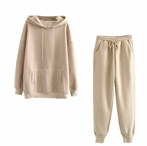 เสื้อสเวตเชิ้ตมีฮู้ดสีพื้นแบบยูนิเซ็กซ์และกางเกงมีเชือกผูก ชุดลำลองทรงหลวมใส่สบายสำหรับฤดูใบไม้ร่วง ผ้าฝ้าย 100% - Product Image 4