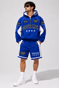 Ensemble court unisexe bleu en nylon Discover-Impex, veste à capuche zippée avec empiècements contrastants et short de survêtement imprimé graphique, style streetwear - Product Image 3