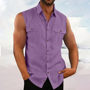 Camisa Casual de Verano para Hombre, Sin Mangas, de Color Sólido, 100% Algodón, Transpirable, con Protección UV, de Secado Rápido, con Botones - Product Image 3