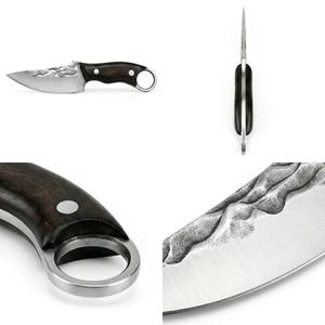 Cuchillo utilitario forjado OEM personalizado para exteriores, hoja de punta caída con espina esculpida, mango de madera dura oscura natural, pasadores de acero inoxidable, anillo para el dedo. - Product Image 3