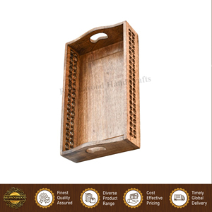 Bandeja rectangular para servir alimentos, tallada a mano, de madera de mango 100% natural, con acabado natural quemado, de fabricante indio. - Product Image 4