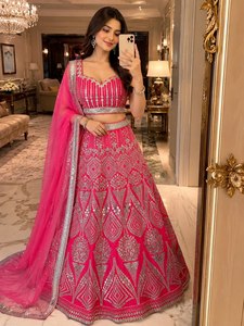 Ensemble Lehenga Choli de mariée rose brodé, tenue de mariage indienne, robe de soirée traditionnelle longue jusqu'au sol - Product Image 3