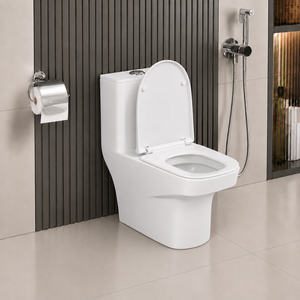 WC monobloc blanc en céramique sans bride, à double chasse, à poser au sol, à siphon en S, avec abattant à fermeture douce, moderne, pour hôtel/villa - Product Image 4