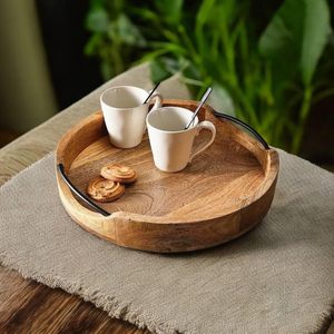 Bandeja Redonda de Madera para Servir de 10 Pulgadas, Plato Rústico Marrón con Asas, Bandeja de Cocina Estilo Granja para Comida y Bebidas, Venta al por Mayor para Exportación - Product Image 3