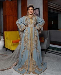 Caftan en soie bleu ciel brodé avec des détails en fil doré, robe de mariée traditionnelle longue pour femmes@2026 - Product Image 3