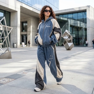 Ensemble de survêtement en polaire pour femmes, veste à capuche zippée, pantalon large, tenue décontractée streetwear, ensemble deux pièces, vêtements de sport ONEAPEX, style tendance - Product Image 1