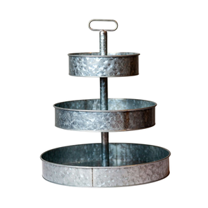 Soporte de exhibición redondo rústico galvanizado de 3 niveles, soporte de metal estilo granja para cupcakes con bordes festoneados, torre de postres vintage para servir - Product Image 4