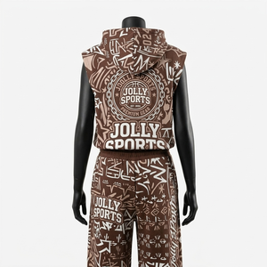 Ensemble t-shirt sans manches et pantalon de jogging en coton premium 200 GSM, imprimé intégral marron, streetwear, logo sérigraphié, pour femmes - Product Image 2