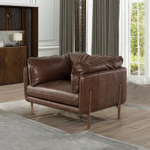 Fauteuil contemporain en cuir marron avec pieds en bois massif, canapé individuel confortable pour salon et appartement - Product Image 2